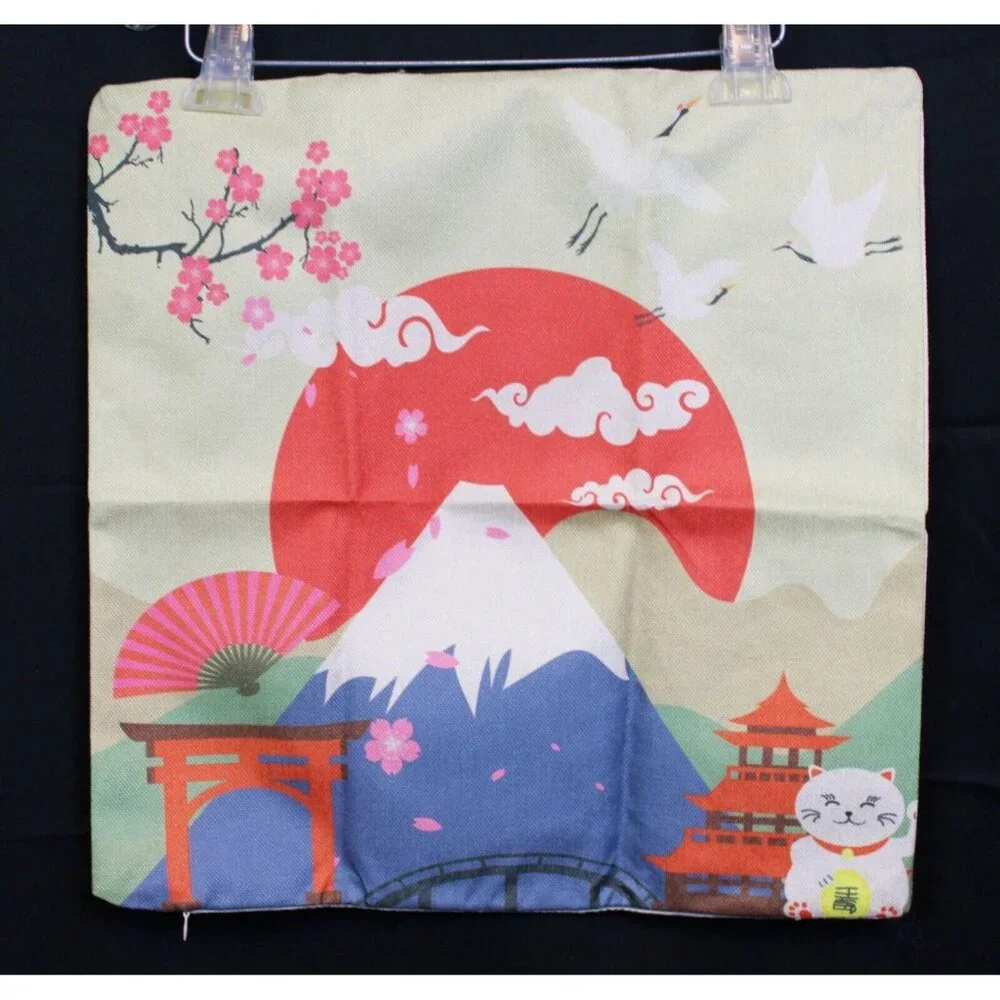 Ligicky Japanese Throw Pillow Case Cover 17''' Mt Fuji Cat Nature Doves Bamboo